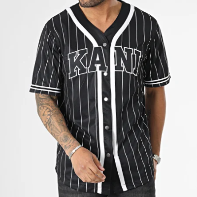  Karl Kani Serif Pinstripe Baseball Shirt Black/White - Czarny - Short Sleeve T-Shirt